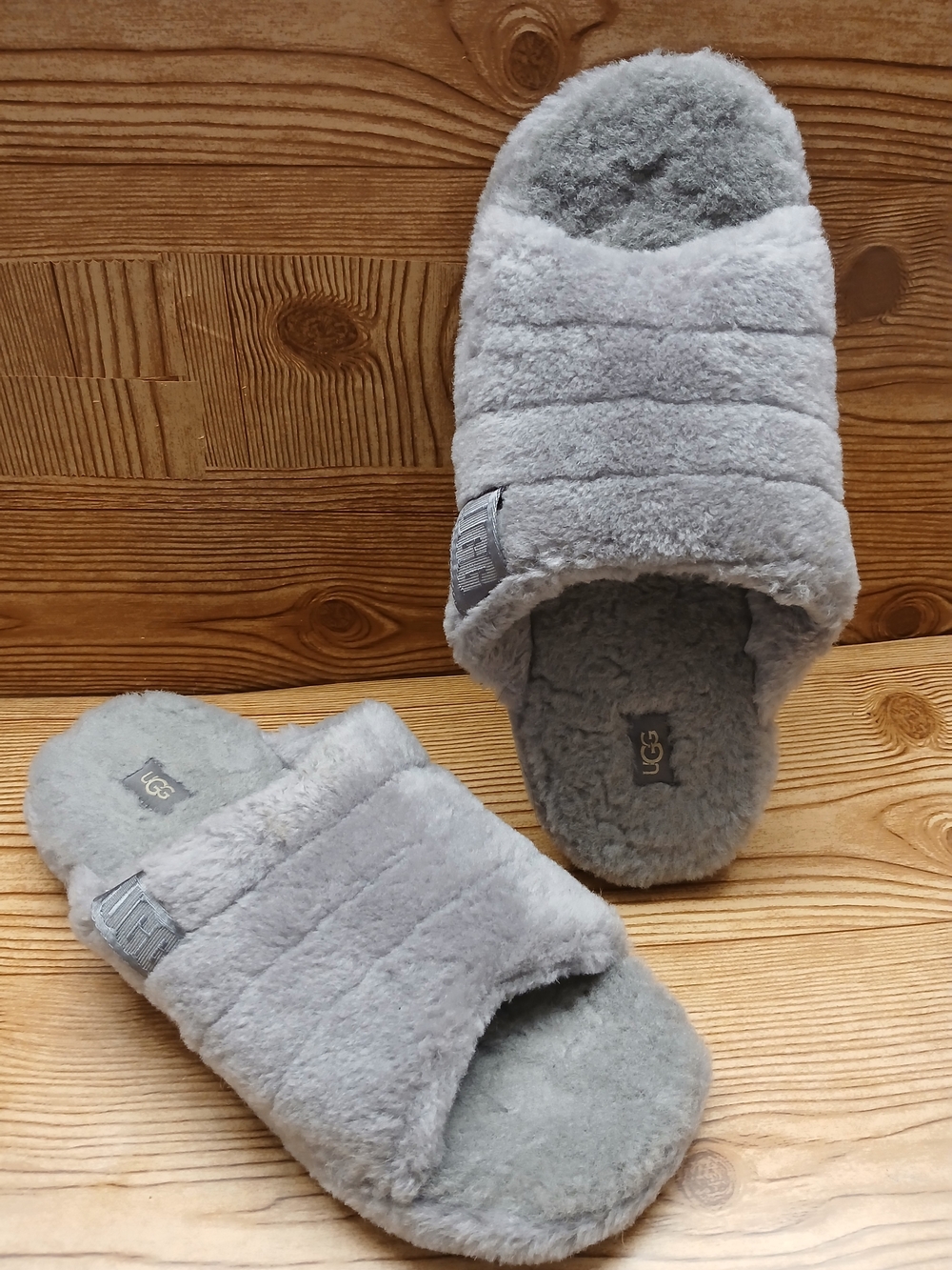 UGG Men's Grey Plush Slide Slippers